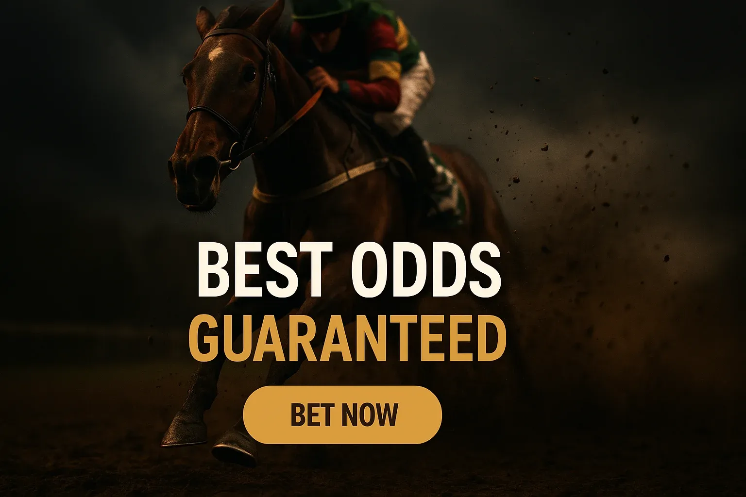 Photorealistic horse racing banner with galloping racehorse, mud spray and CTA