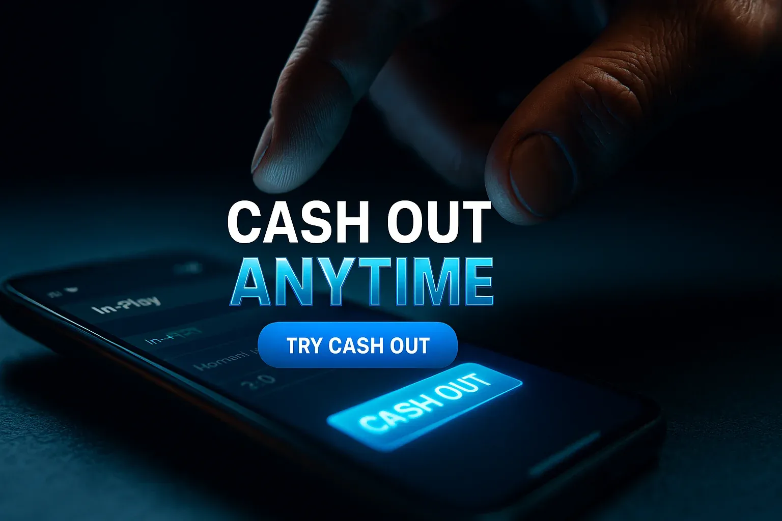 Photorealistic in-play cash out button glowing on smartphone, tense British hand
