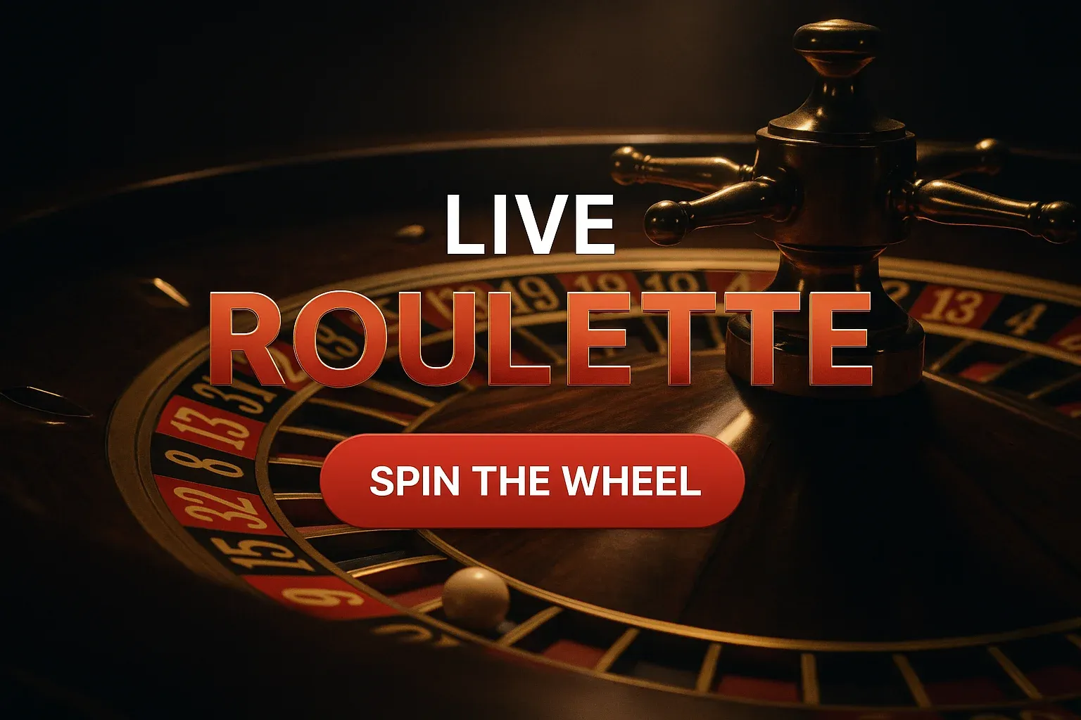 Photorealistic live roulette banner with spinning wheel, ball and CTA button