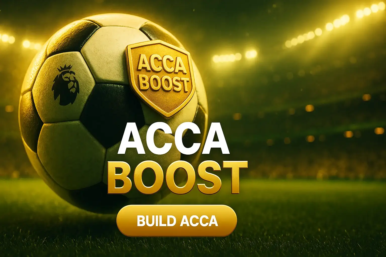 Photorealistic glowing football with gold Acca Boost badge in packed stadium