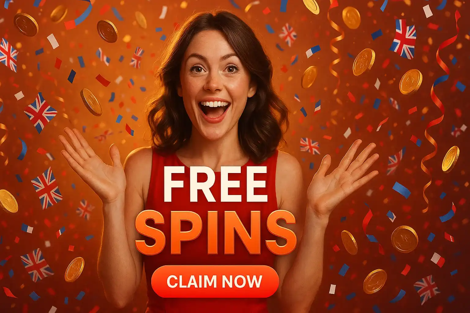 Photorealistic casino banner with British woman, Union Jack confetti, gold coins